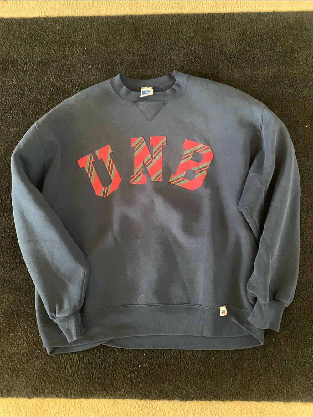 90’s Russell Athletic Navy Crewneck with UNB Plaid Lettering
